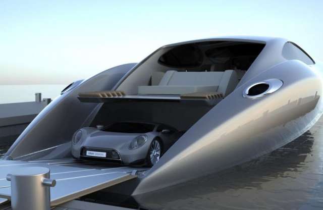 Luxusjacht, fedélzetén egyedi sportkocsival