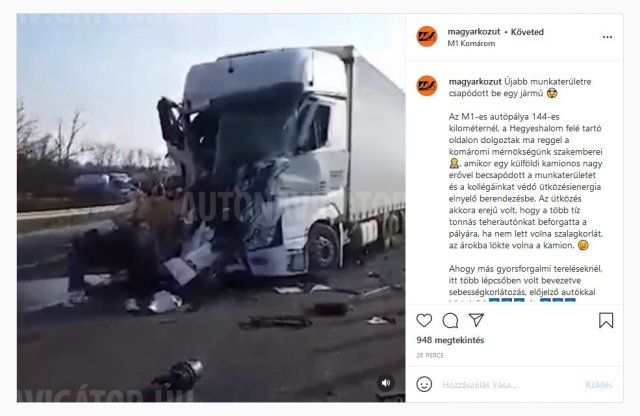 Munkaterületbe csapódott egy kamion az M1-es autópályán