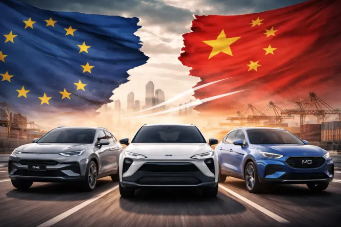 AI generált fotó a kínai és európai autógyártók versenyéről.