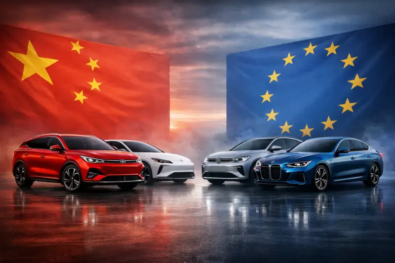 AI generált tartalom a kínai és európai autógyártók versenyéről.