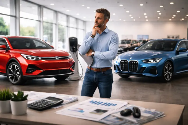 AI generált tartalom. Egy férfi elgondolkodó pózban mérlegeli, hogy miyen autót válsszon.