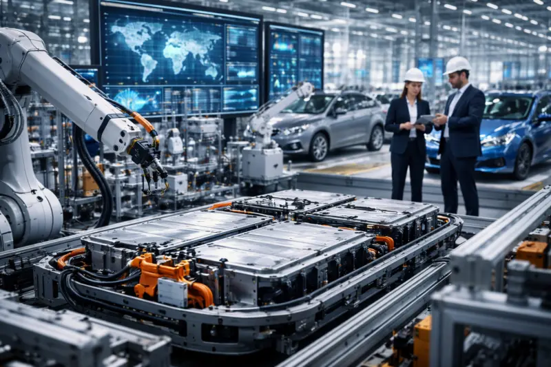 AI generált tartalom. Elektromos autó akkumulátor gyártása modern ipari üzemben robotkarokkal és mérnökökkel, az EV-ipar globális technológiai és gyártási versenyének illusztrációja