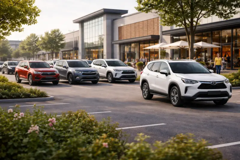 Modern bevásárlóközpont parkolójában haladó és parkoló népszerű SUV modellek, letisztult városi környezetben, visszafogott kompozícióval
