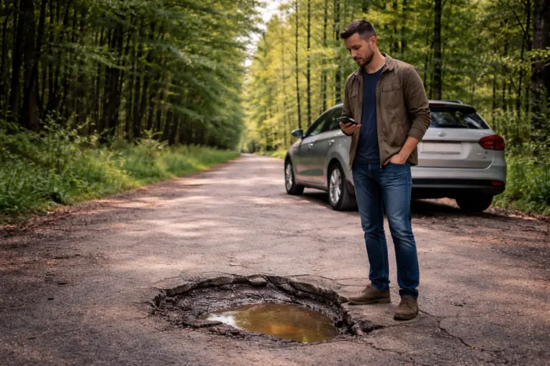 Kátyúbejelentő appot használó férfi.