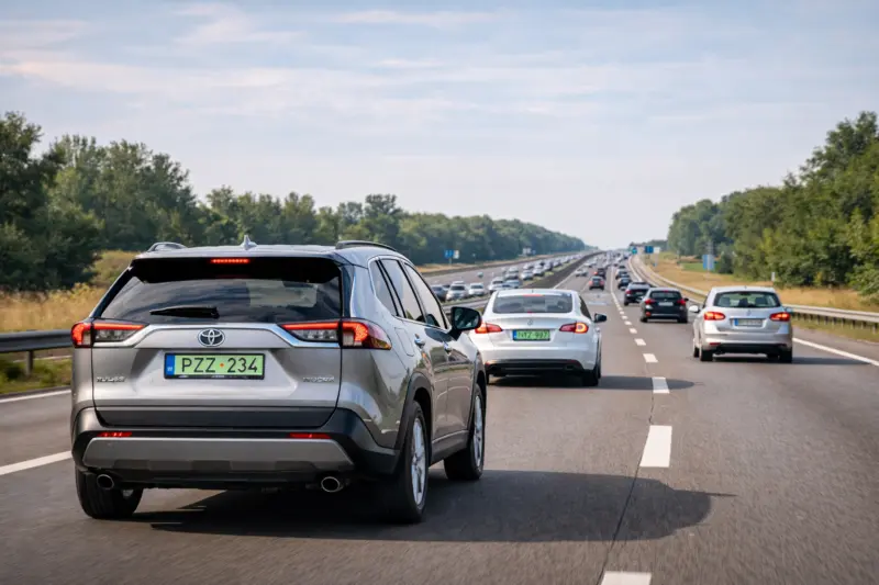 AI generált tartalom. Magyar autópályán haladó autók zöld és fehér rendszámokkal.