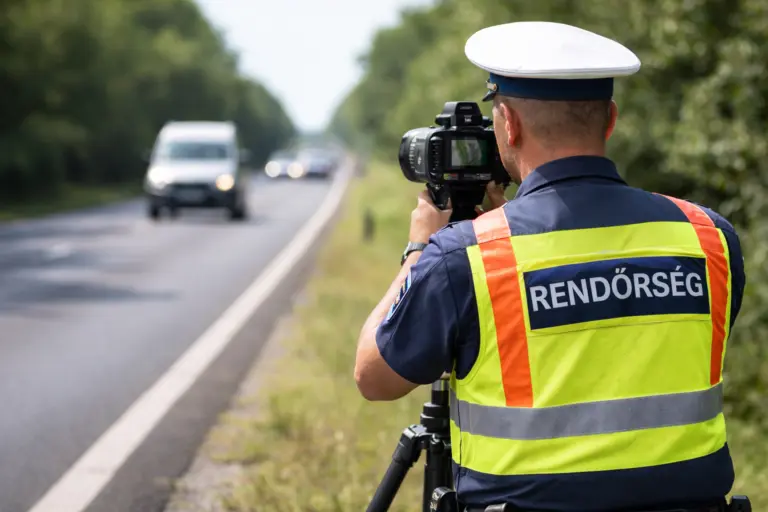 AI generált tartalom. Illusztráción egy magar rendőr sebességmérés közben.