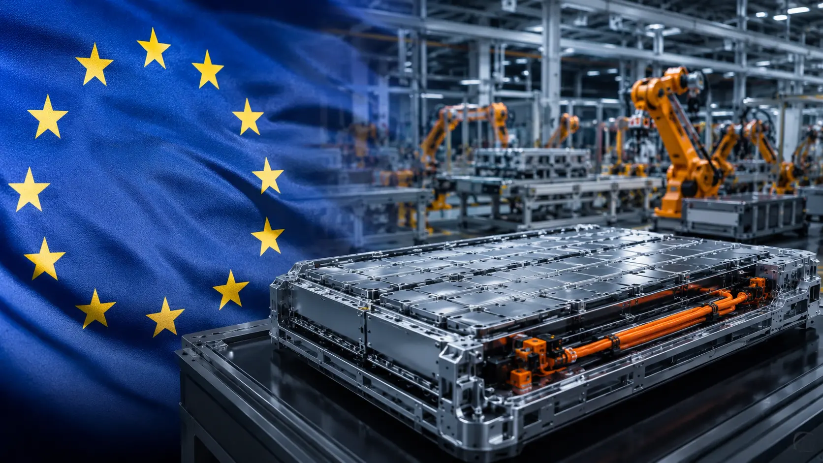 AI generált tartalom EU zászlóval és egy akkumlátor gyár gyártósoráról.